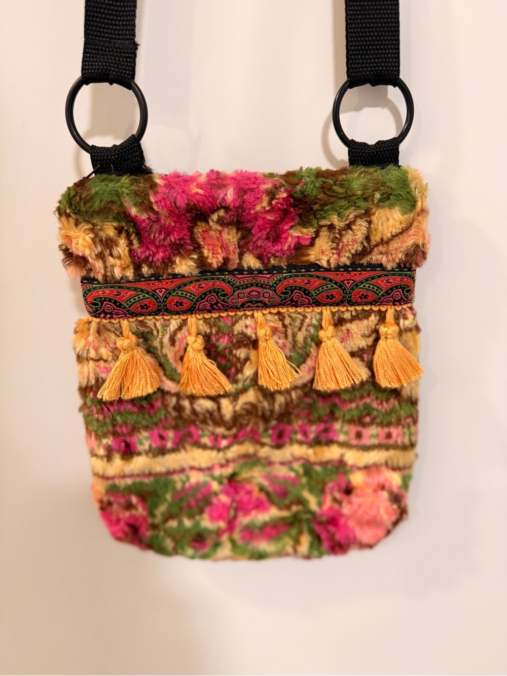Boho Tassel Plush Crossbody Bag in Pink, Green & Gold